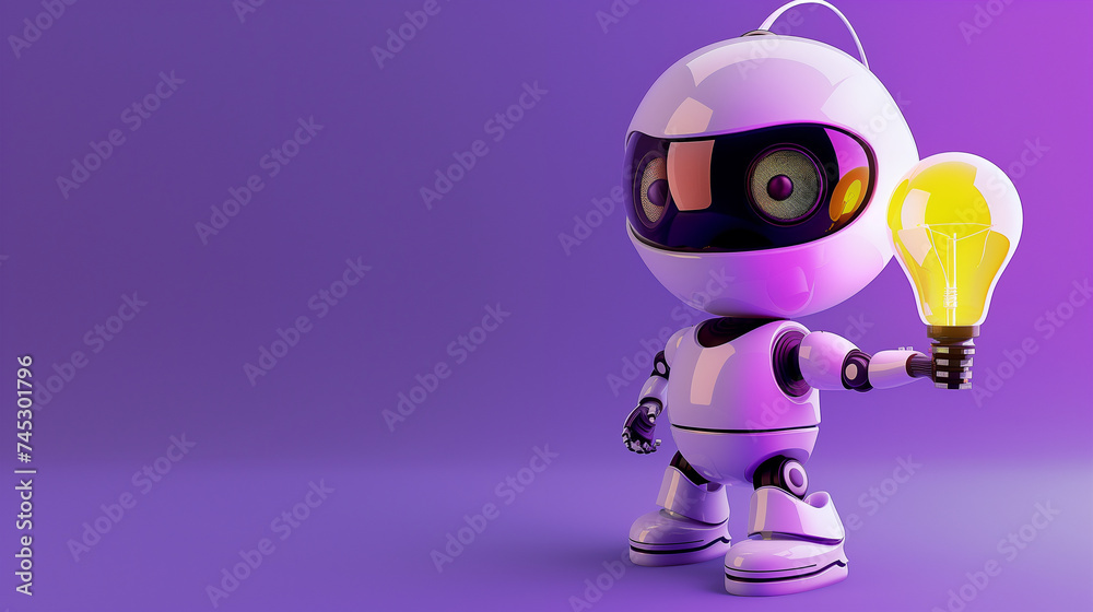 Cute Futuristic Robot Holding a Light Bulb on a Purple Background Cute Futuristic Robot Holding a Light Bulb on a Purple Background