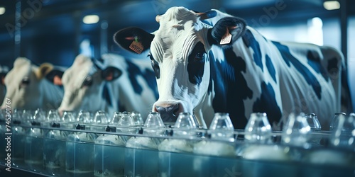 Modern dairy technology Hightech machine extracts milk from a content cow. Concept Dairy Technology, High-Tech Machines, Milk Extraction, Content Cow