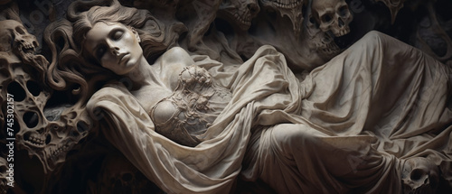 Sculpture depicting beauty in death with a woman in a silk like dress eternally resting in peace, carved out of marble rock wall with disfigured skulls surrounding her body.  photo