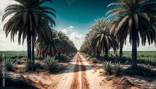 Palm trees on a desert road at sunset.