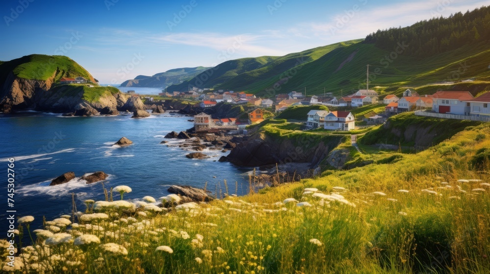 Quaint seaside village and rocky headlands in the sunlight