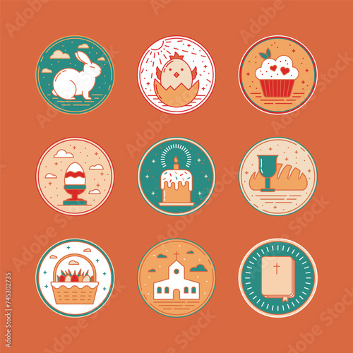 Set of linear Easter icons, cute symbols of Easter celebration with Baby Chicken, Easter Cake, Candle, Bunny and Basket with Colored Eggs. Elements of Memphis Design with Crosses, Dots and Clouds