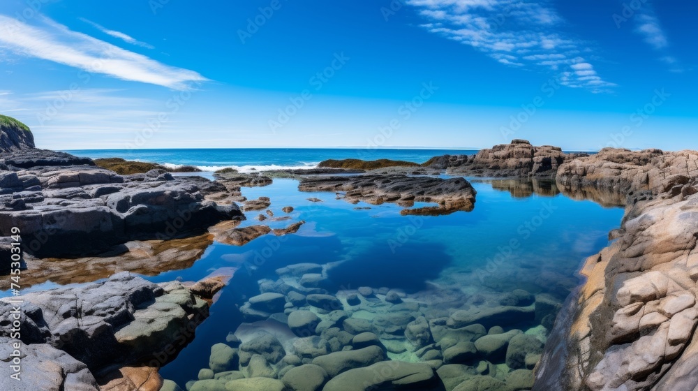 Tidal pool scenery with blue sky and clouds