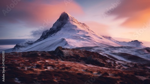 Remote mountain peak with dawn light and sky