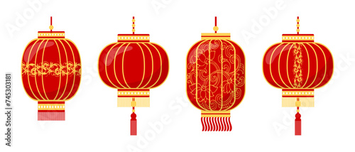 Set of colorful Chinese lanterns with patterns and dragons. Decor elements for Lantern Festival. icons, vector