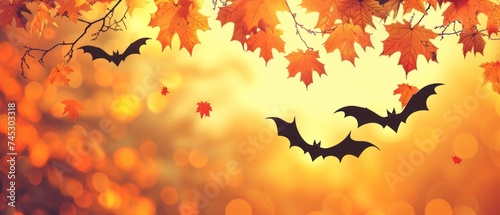 a group of bats hanging from a tree with leaves in front of a yellow and orange background with a boke of lights in the background.