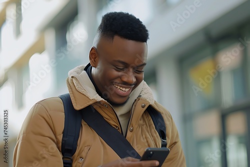 Smart elegance A handsome young black man with a sleek haircut smiling at his phone.