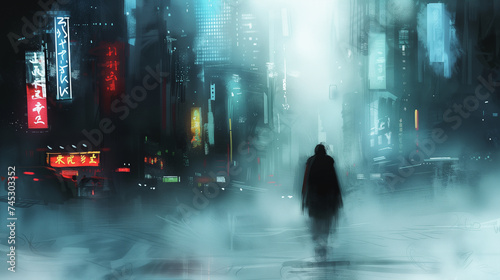 Mysterious Figure Walking Alone in a Foggy Urban Scene with Neon Lights