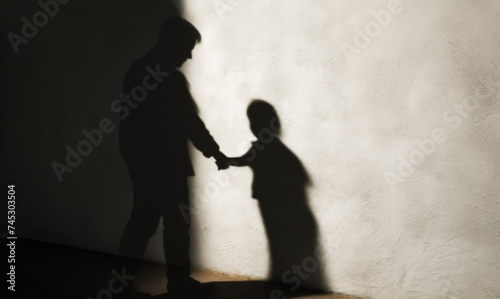 Disturbing image depicting the silhouette of an adult man holding hands with a child, symbolizing the dark realities of child trafficking, theft, and abuse photo