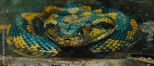a close up of a blue and yellow snake on a branch in a pool of water with it's mouth open.