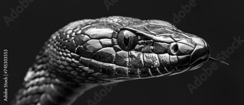 a black and white photo of a snake's head with its tongue sticking out of it's mouth.