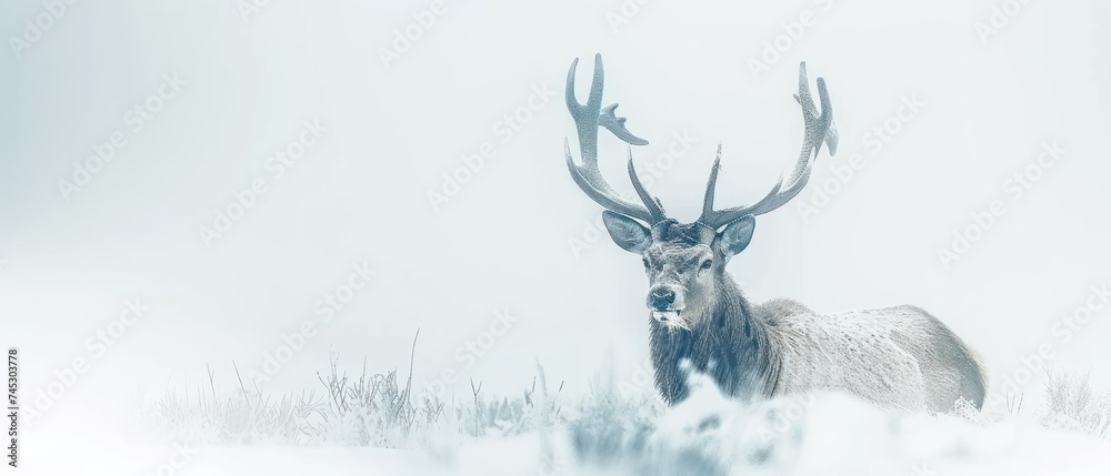 a white - tailed deer with antlers stands in a snow - covered field with tall grass in the foreground. - obrazy, fototapety, plakaty 