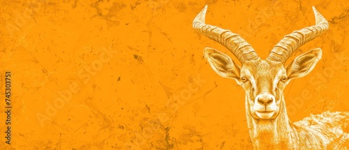 a close up of a goat's head on an orange and yellow background with a grunge effect.