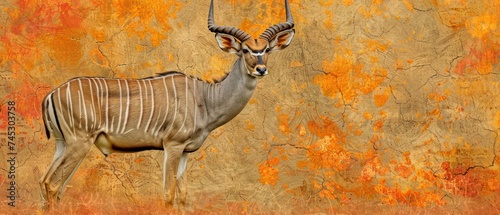 a painting of an antelope standing in front of a wall with orange paint splattered on it.