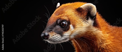 a close up of a brown and white animal on a black background with a blurry look on its face. photo