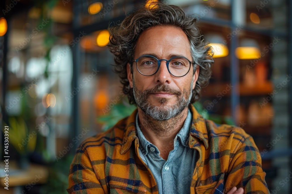 A well-dressed middle-aged man with curly hair and glasses poses confidently in a cafe setting A well-dressed middle-aged man with curly hair and glasses poses confidently in a cafe setting