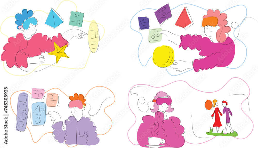 Young people using VR glasses, Hand-drawn flat Virtual reality users, metaverse illustration. Colourful, line drawings. Young people using VR glasses, Hand-drawn flat Virtual reality users, metaverse illustration. Colourful, line drawings.