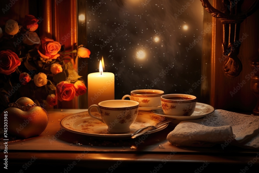 A romantic scene with candles and dinnerware framing the text space