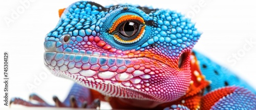 a close up of a lizard's face with a white back ground and a blue and orange color scheme.