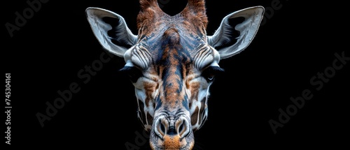 a close up of a giraffe's head and neck with a black back ground and a black background.