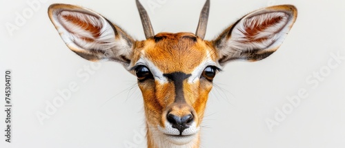 a close - up of a gazelle's head with very long horns and large, black, brown, and white markings.