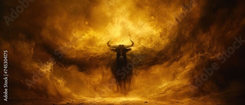 a painting of a demon standing in the middle of a yellow and orange smoke filled area with a demon on it's back. photo