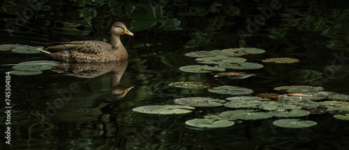 a duck floating on top of a body of water with lily pads on the side of the body of water. photo