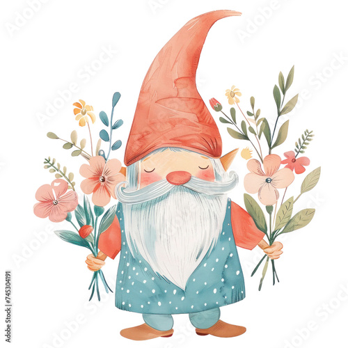 Garden Gnome Holding Colorful Flowers Illustration