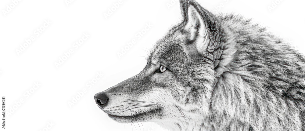 a close up of a wolf's face on a white background with a black and white photo of it's head.