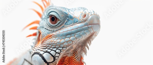 a close up of an iguana s head with orange and blue feathers on it s head.