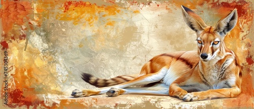 a painting of a brown and white fox laying on top of a brown and white floor next to a wall.