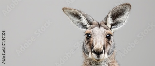 a close - up of a kangaroo's face with a gray background and a light brown kangaroo's ear.