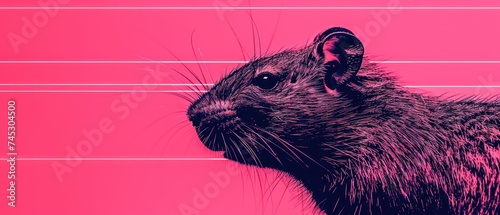 a close up of a rodent's head on a pink and pink background with lines in the background. photo