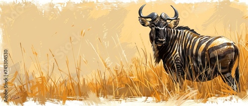 a painting of a zebra standing in a field of tall grass with horns on it's head and a yellow background. photo