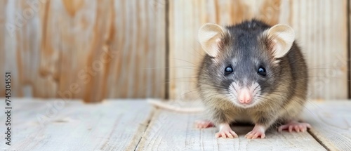 a small rat sitting on top of a wooden floor next to a wood paneled wall and looking at the camera.