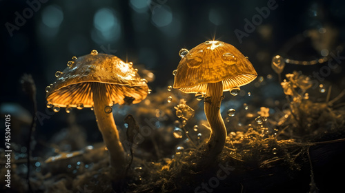 golden mushrooms growing near dark night
