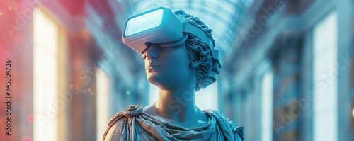 Medium shot of a classic Greek figure taking on a futuristic twist with the addition of VR accessories