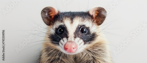 a close up of a small animal with a tongue sticking out of it's mouth and a white wall in the background. © Jevjenijs