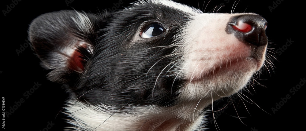 a close up of a black and white dog with a red spot on it's eye looking up at something.