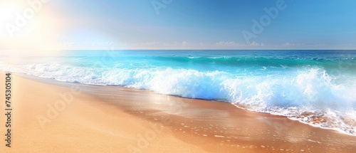 a painting of a beach with a wave coming in to the shore and the sun shining down on the water.