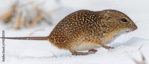 a close up of a small rodent on a snow covered ground with grass and snow flakes in the background.