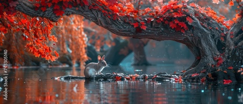 a rabbit is sitting in the middle of the water under a tree with red leaves on it's branches.