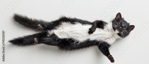 a black and white cat laying on it's back with its paws on the back of it's body.