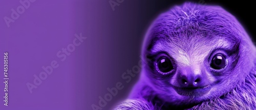 a close up of a baby sloth on a purple background with a blurry image of it's face.