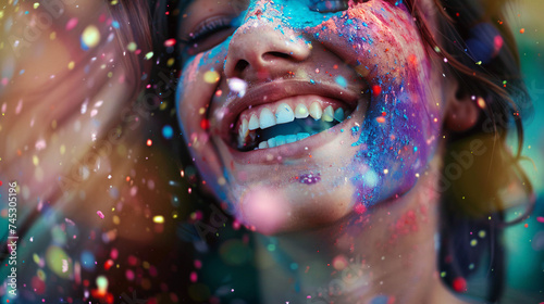 a beautiful young girl laughing while she's painted in a bright powder