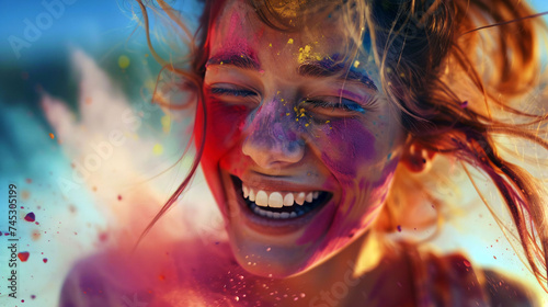 a beautiful young girl laughing while she's painted in a bright powder