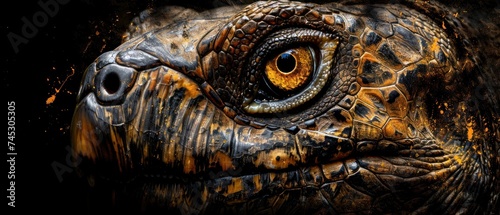 a close up of an animal's eye with orange and black paint splattered on it's skin. photo