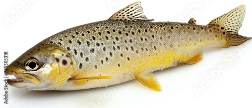 a close up of a fish on a white background with a reflection of it's body in the water.