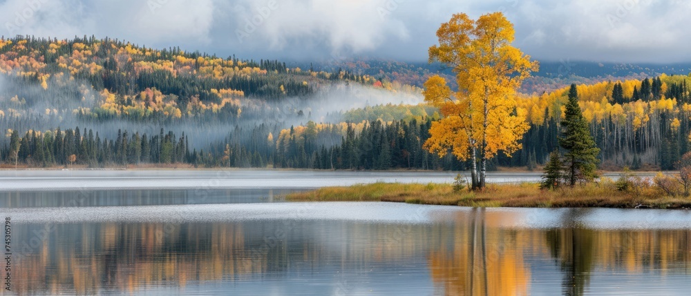 a body of water surrounded by a forest filled with lots of trees and surrounded by a forest covered in fall foliage. a body of water surrounded by a forest filled with lots of trees and surrounded by a forest covered in fall foliage.