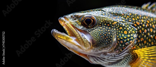 a close up of a fish with yellow and orange spots on it's body and a black back ground. © Jevjenijs